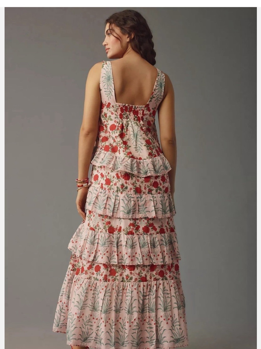 Anthropologie Pink Floral Tiered Sundress with Red Accents - Picture 2 of 13